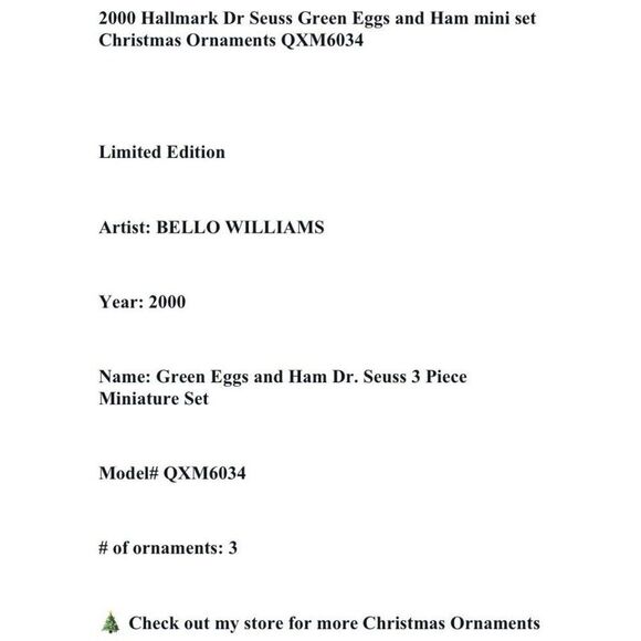 2000 Hallmark Dr Seuss Green Eggs and Ham mini set Christmas Ornaments QXM6034 - Picture 7 of 7